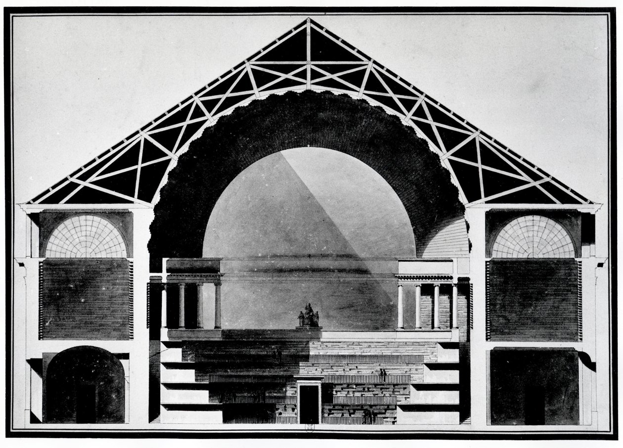 Bibliotheque Royale de France, rakennuksen poikkileikkauspiirustus. Arkkitehtuuri: Etienne Louis Boullee (Etienne-Louis Boullee), ranskalainen arkkitehti (1728-1799). tekijältä Etienne Louis Boullee