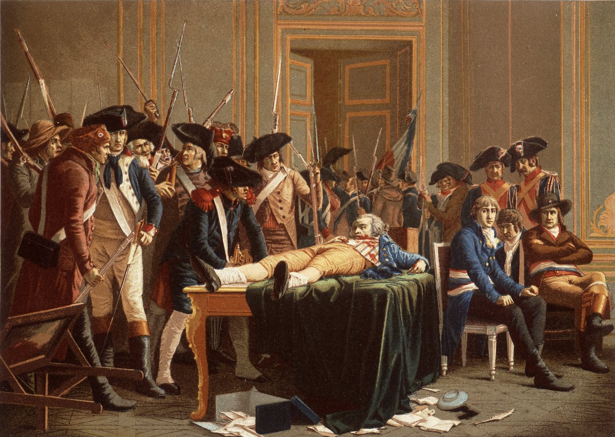 El matí del 10è Termidor Any II; Maximilien de Robespierre, amb una mandíbula fracturada, estès sobre una taula (cromolitho)finlandès tekijältä Etienne Lucien (after) Melingue