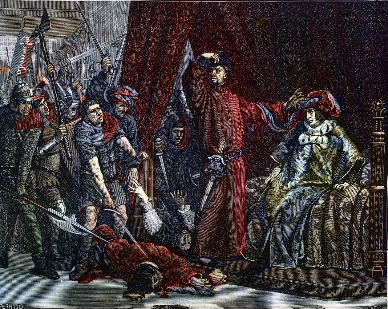 Sadan vuoden sota: "" Delfiini Charles (silloin Kaarle V) (1338-1380) (Ranskan ensimmäinen delfiini) ja Etienne Marcel (1302/1310-1358), joka murhasi kaksi ministeriä (marechaux) Robert de Clermontin ja Jean de Conflans huoneessa ranskalainen delfiini klo tekijältä Etienne Lucien Melingue