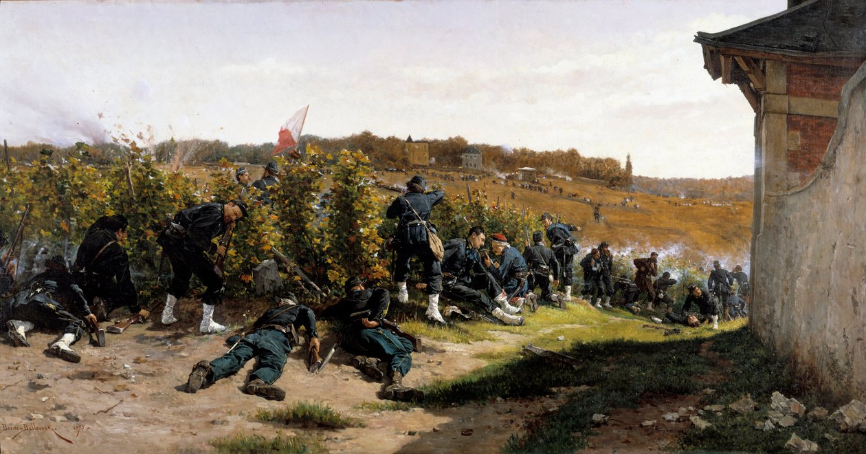 Vuoden 1870 sota: "" Tirailleurs de la Seine au Combat de Rueil Malmaison 21. lokakuuta 1870""""" yhteenotto Pariisin puolustuksen aikana. Etienne Berne Bellecourin (1838-1910) maalaus 1875 su. 1,03 x 2,03 m tekijältä Etienne Prosper Berne Bellecour