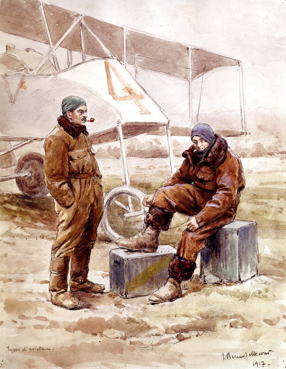 lentäjät ja pommikone "Voisin" vuonna 1917 tekijältä Etienne Prosper Berne Bellecour
