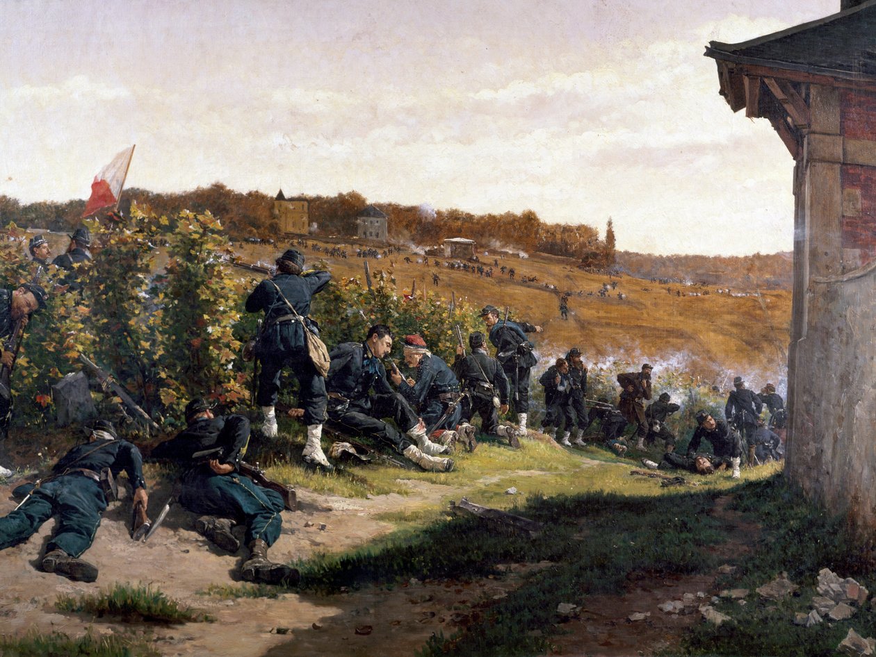 Tirailleurs de la Seinen sotilaat Rueil-Malmaisonin taistelussa, 21. lokakuuta 1870, yksityiskohta. tekijältä Etienne Prosper Berne Bellecour
