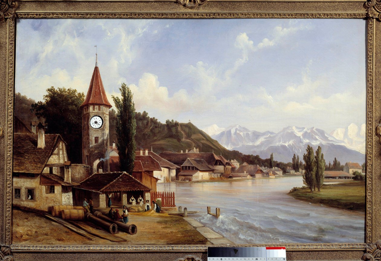Näkymä Thunin kylästä Sveitsissä. Etienne Raffortin (1802-1895) maalaus tekijältä Etienne Raffort