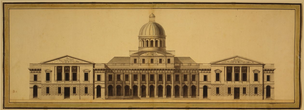 Suunnittelu US Capitolille, 1793 (muste, pesu ja akvarelli paperille) tekijältä Etienne Sulpice Hallet