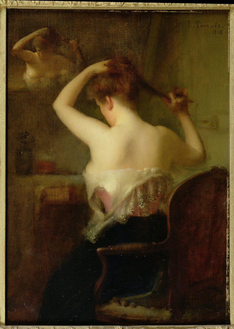 Nainen järjestelee hiuksiaan, 1903 tekijältä Etienne Tournes