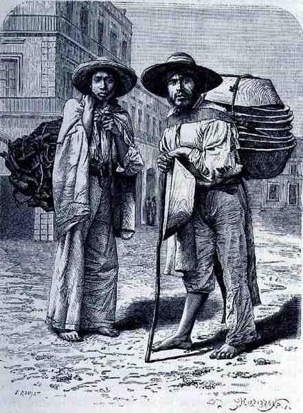 Claude-Joseph-Desire Charnayn teos Charcoal and Batteas Vendors, The Ancient Cities of the New World, kaiverrus Henri-Theophile Hildebrand (1824-97), pub. 1887 tekijältä Etienne after Ronjat