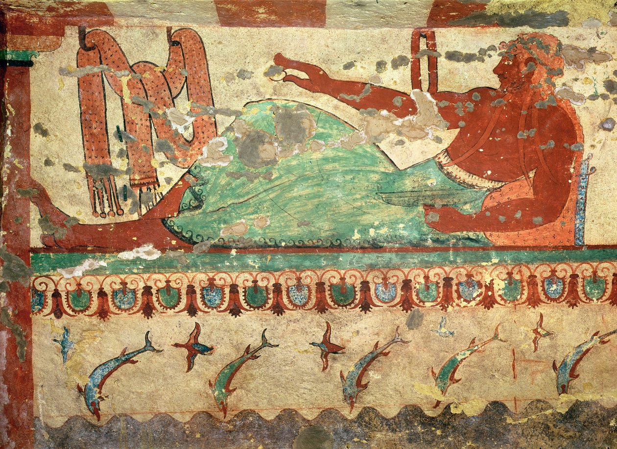 Vieras hautajaisissa pitelee munaa kädessään, leijonien haudasta, n. 520 eKr. (seinämaalaus) tekijältä Etruscan