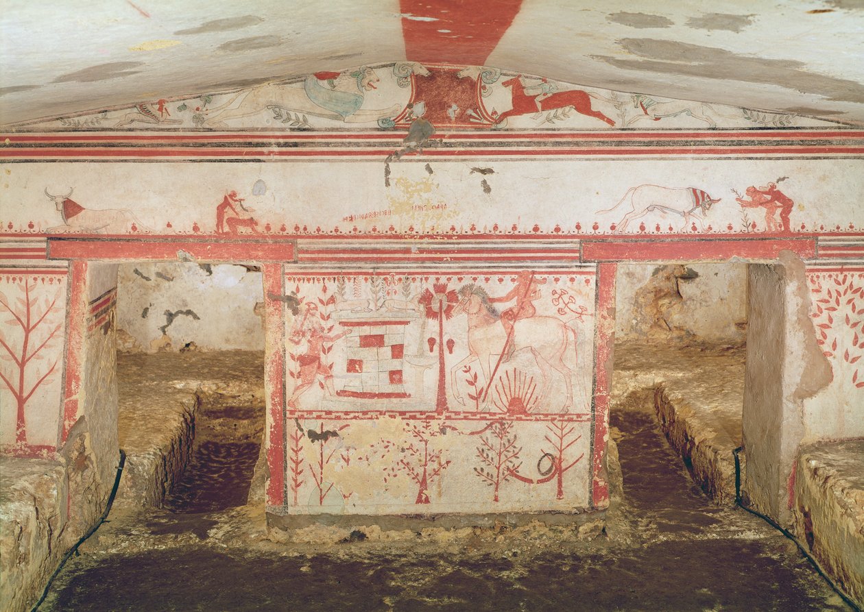 Akhilleus väijyttämässä Troilusta, Härkien haudasta, noin 550 eKr. (seinämaalaus) tekijältä Etruscan