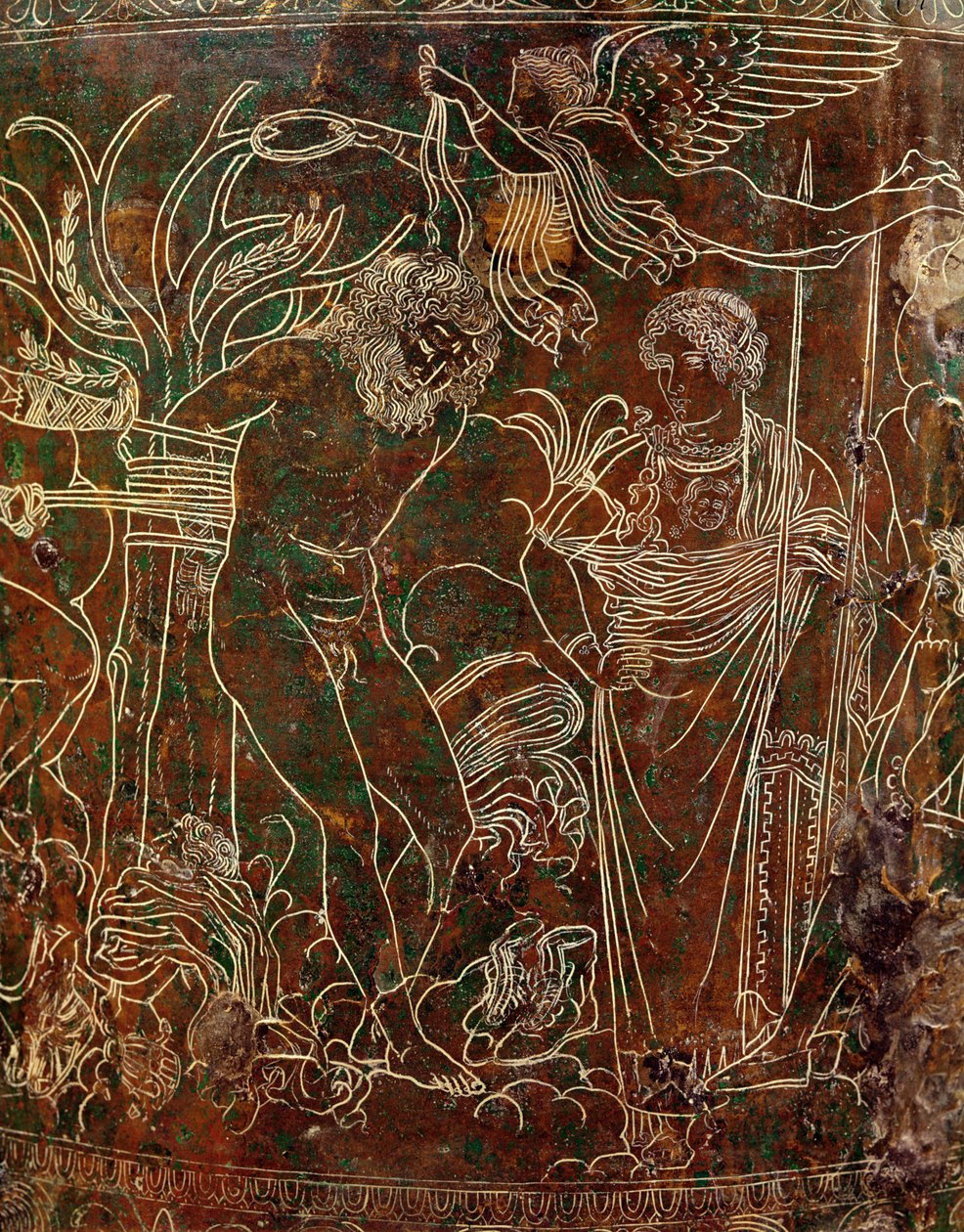 Polluxin puuhun sitoma Amycus, yksityiskohta Ficoroni Cista -teoksesta, Palestrina, n. 320 eKr. (pronssi). tekijältä Etruscan