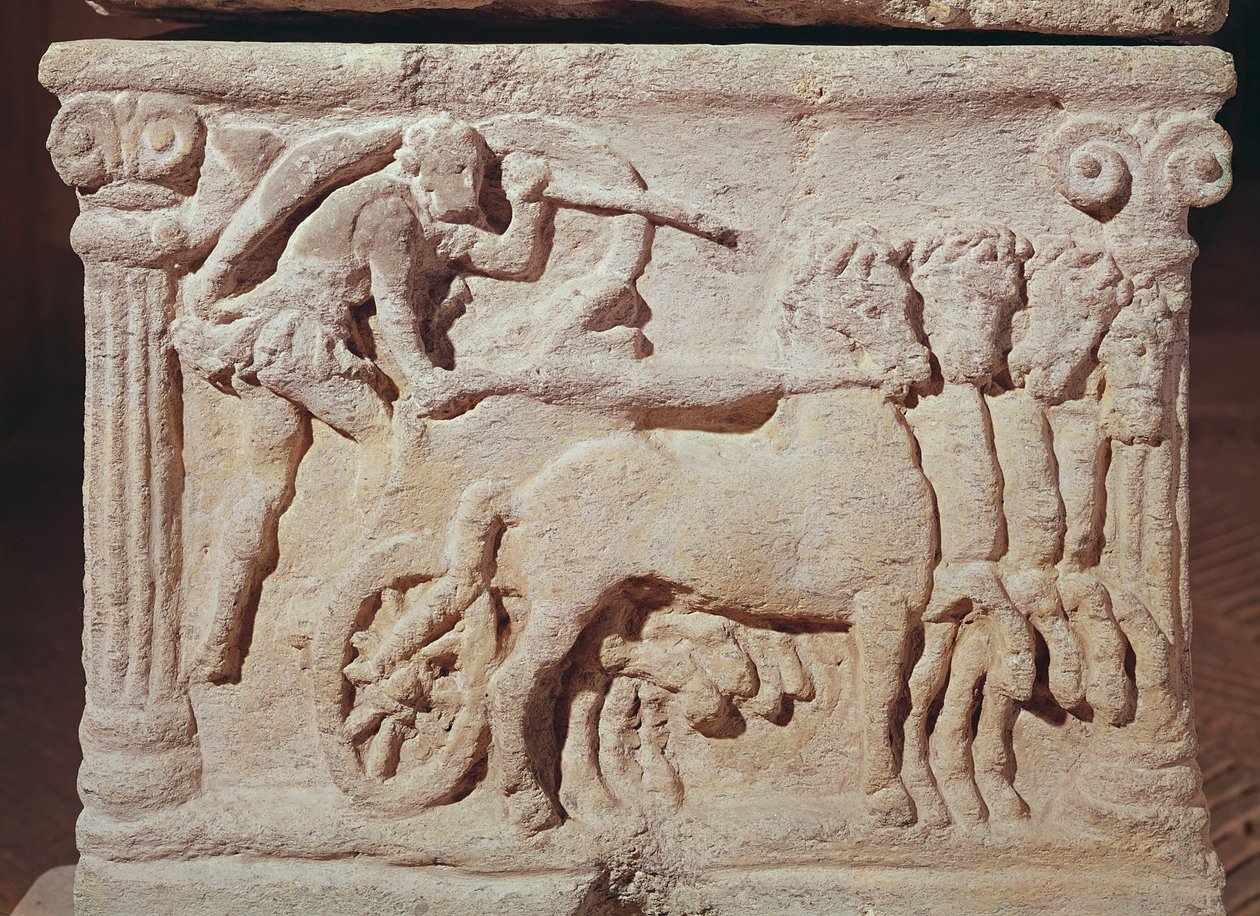 Yksityiskohta quadrigasta sarkofagista, Mies vasikan terrakotta kanssa tekijältä Etruscan