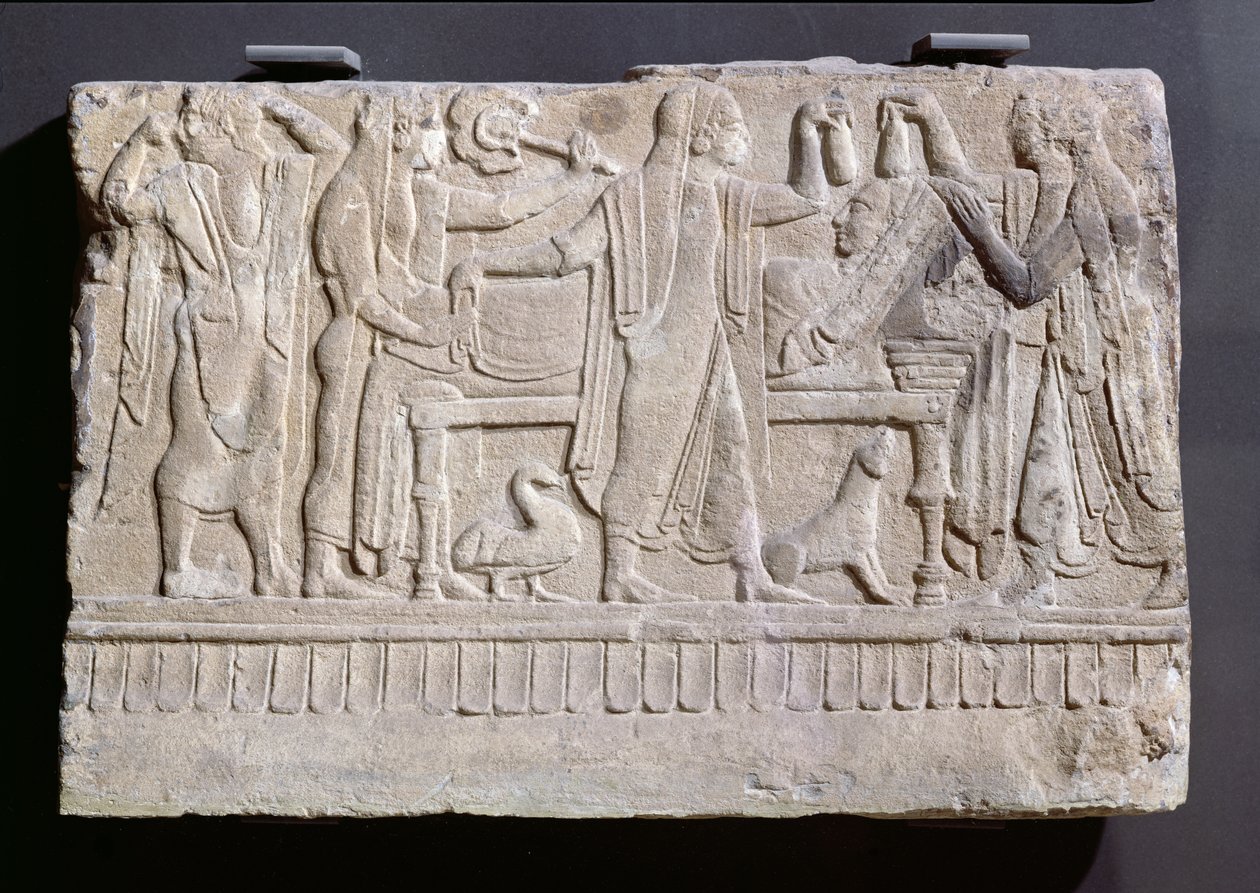 Hautamuistomerkki, jossa surijat ympäröivät ruumista ennen polttohautausta, n. 490-480 eaa. (vulkaaninen kivi). tekijältä Etruscan