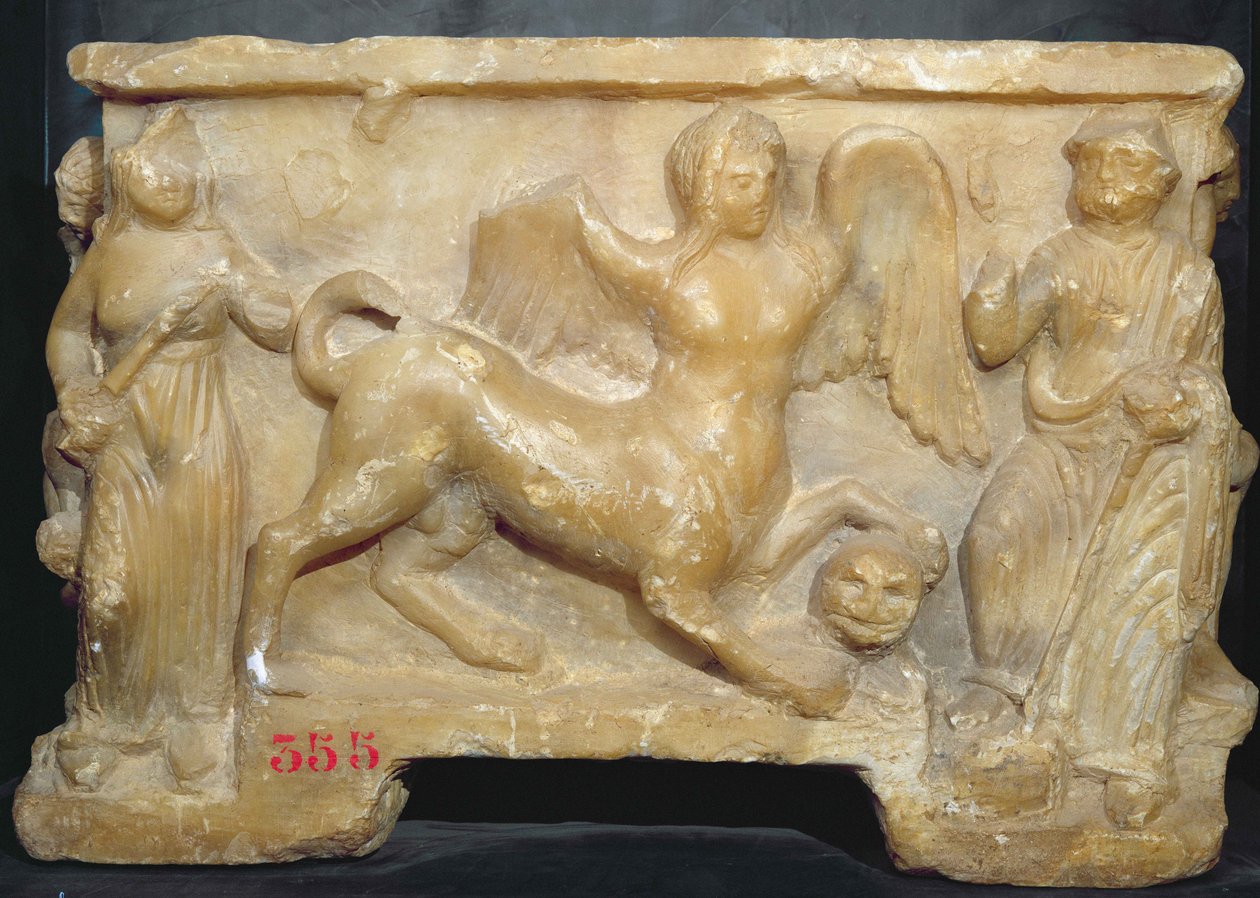 Oidipusta ja sfinksiä esittävä uurna (alabasteri) tekijältä Etruscan