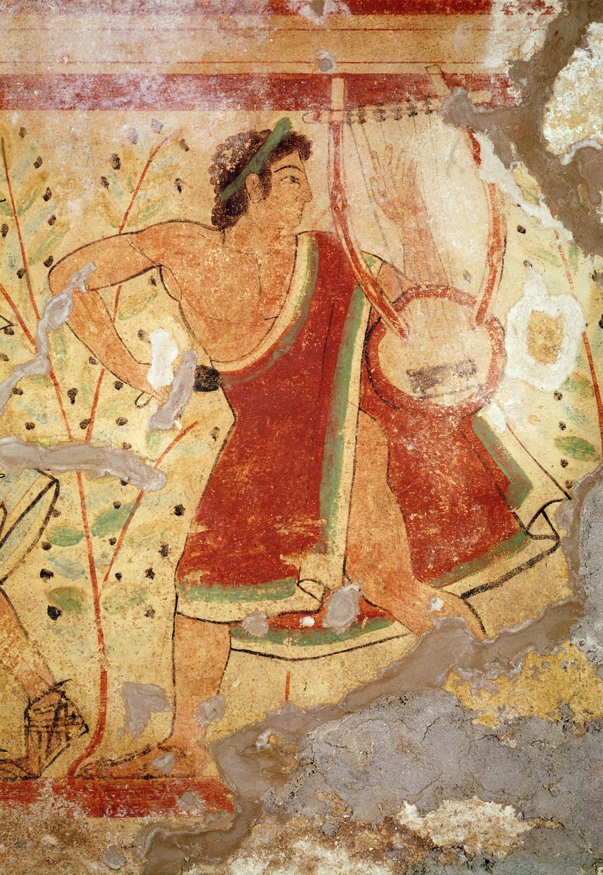 Muusikko, joka soittaa sitraa, Leopardien haudasta, noin 490 eKr. (seinämaalaus) tekijältä Etruscan