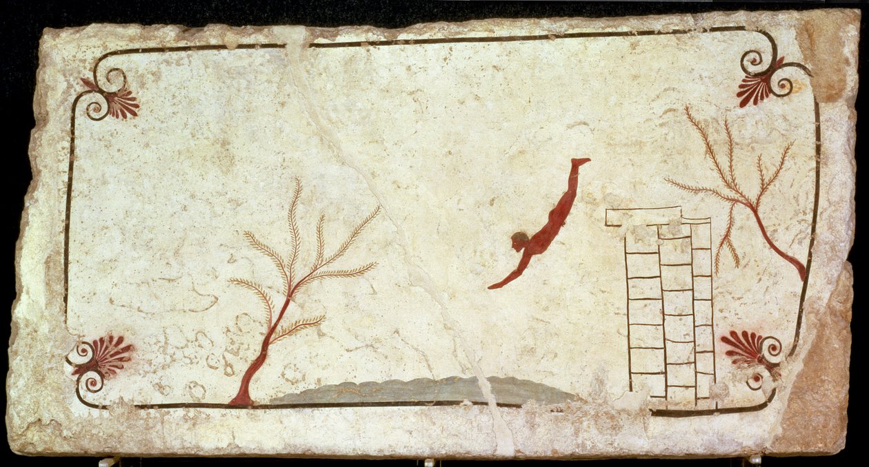 Maalaus Sukeltajan haudasta Paestumin eteläiseltä hautausmaalta, 480-470 eaa. tekijältä Etruscan