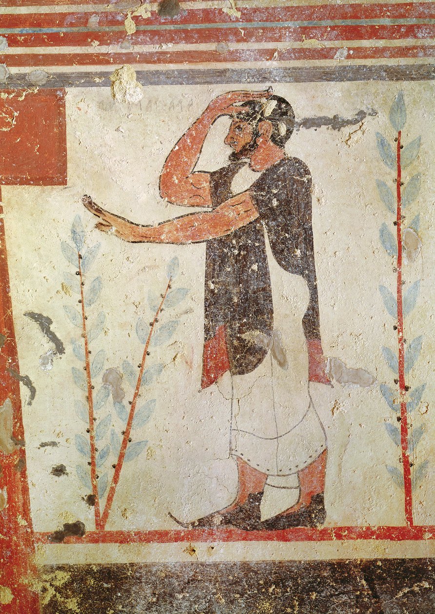 Rituaalielettä tekevä pappi Augurien haudasta, noin 530-20 eKr. (seinämaalaus) (katso myös 106404) tekijältä Etruscan