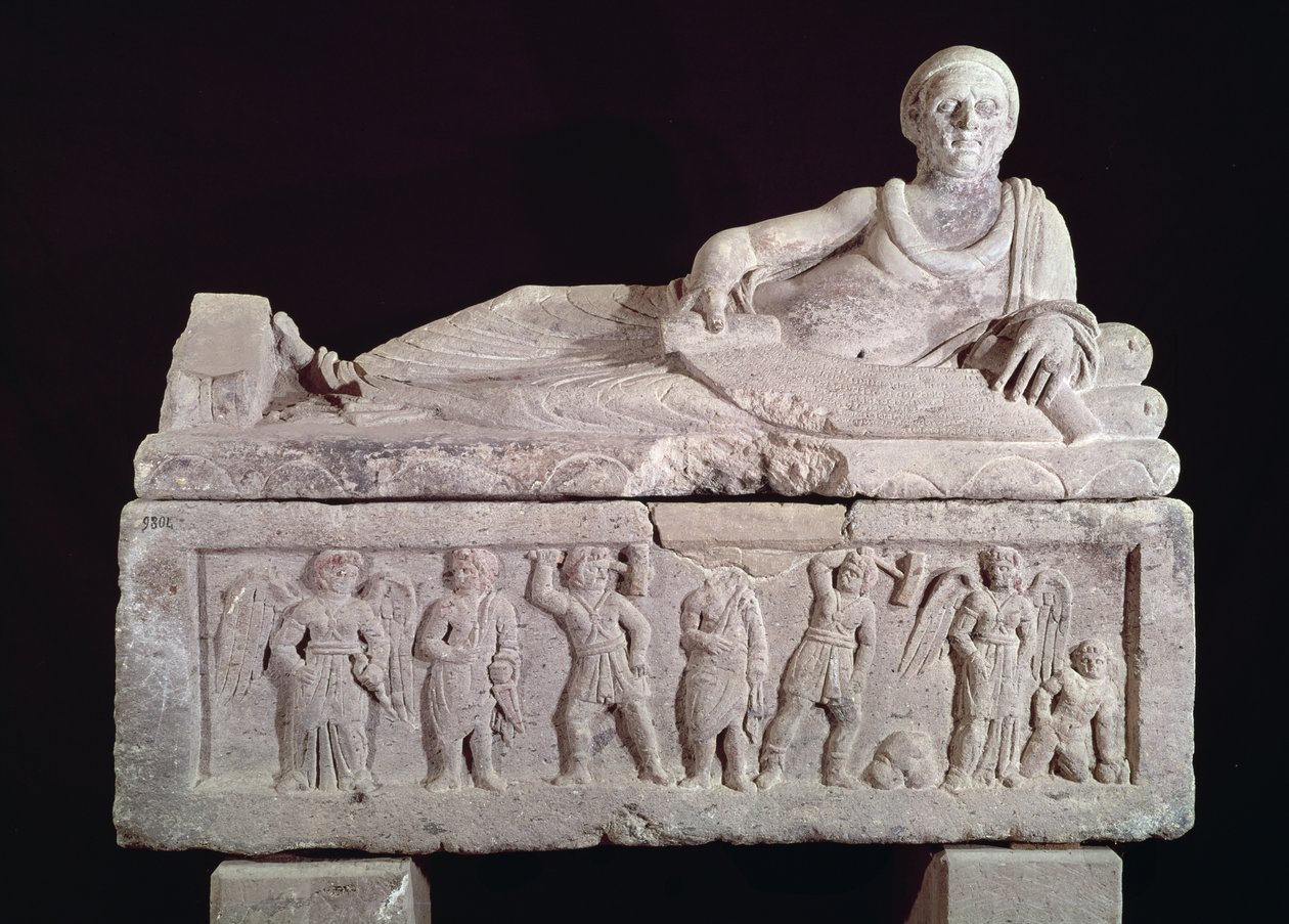 Tuomari Laris Pulenan sarkofagi, jonka eteen on rullattu käärö, 3. vuosisadan lopulla eKr. (terrakotta) tekijältä Etruscan