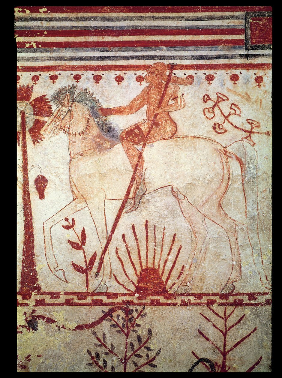 Troijalaisen prinssi Troiuksen väijytys Akhilleus, Härkien haudasta (Tomba del Tori) n. 540 eKr. (seinämaalaus) tekijältä Etruscan