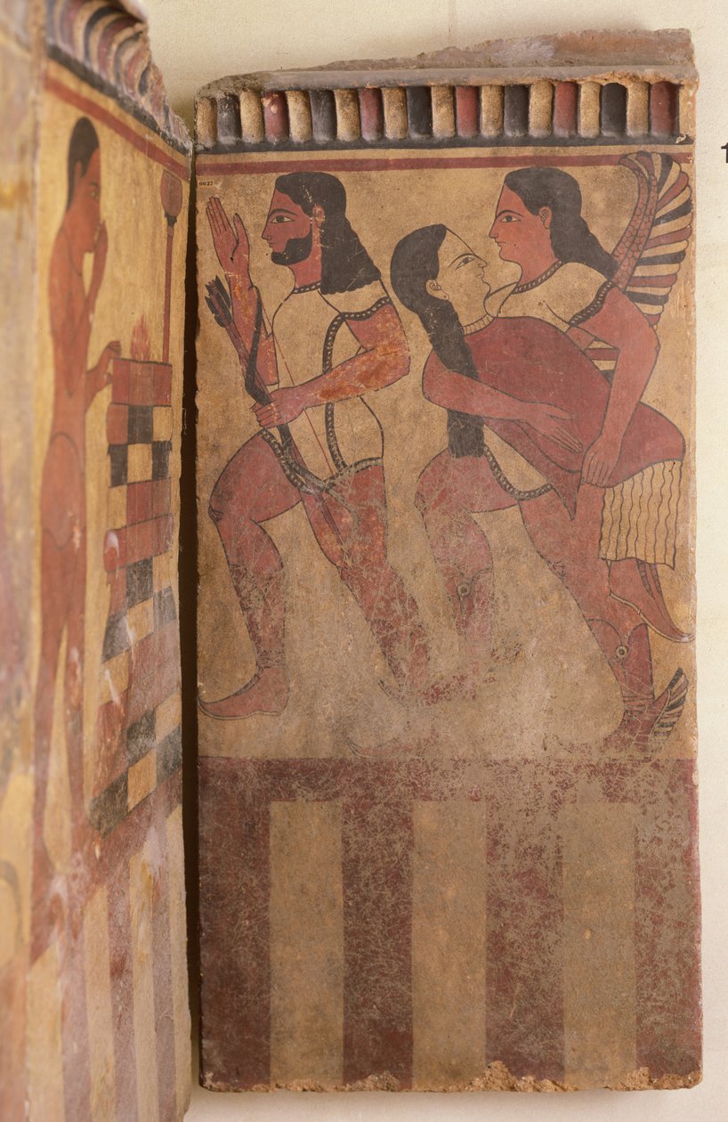 Campana-taulu, Siivekäs henki vie naisen pois jousimiehen saattelemana, noin 550-525 eKr. (seinämaalaus) (yksityiskohta) tekijältä Etruscan