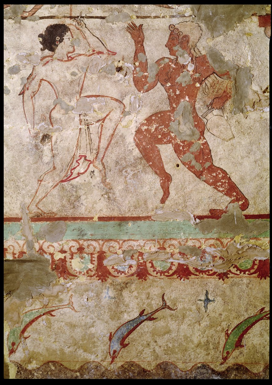 Kaksi tanssijaa ja delfiiniä hyppäämässä aaltojen läpi, friisi hautausleijonan haudasta, n. 520 eKr. (seinämaalaus) tekijältä Etruscan