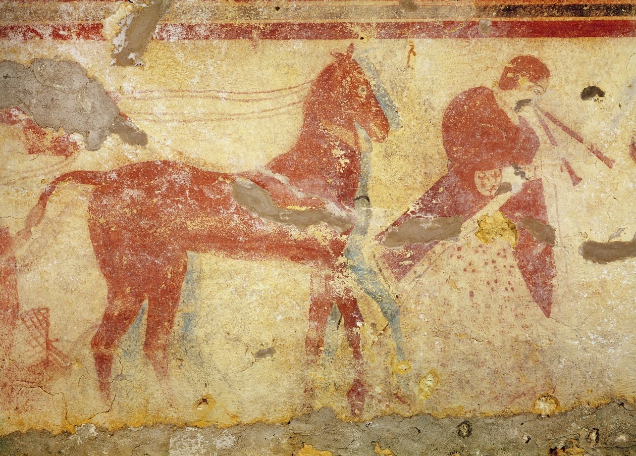 Kaksi hevosta ja muusikko, Giustinianin haudasta, 5. vuosisadan puolivälistä eKr. (seinämaalaus) tekijältä Etruscan