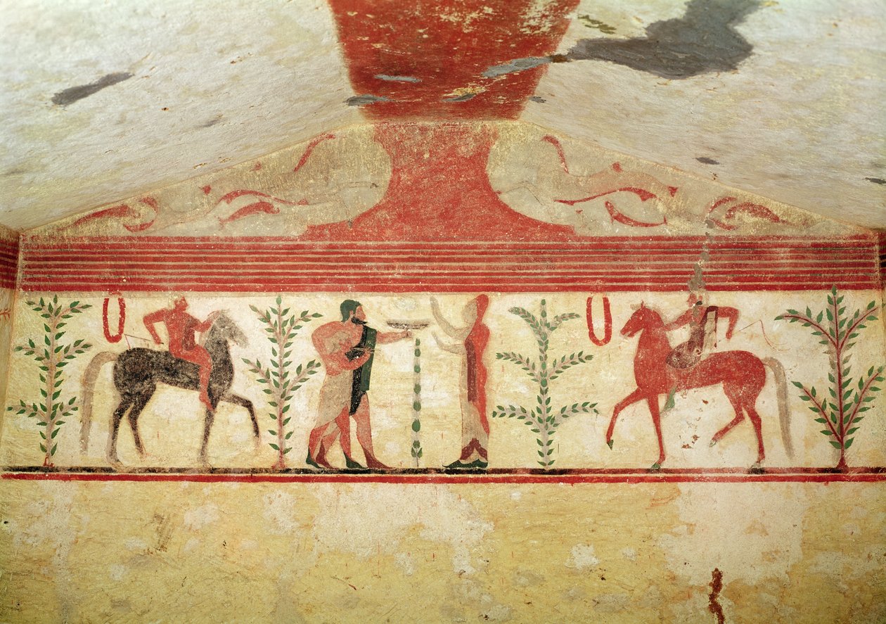 Näkymä takaseinästä, Paronin hauta, n. 500 eKr. (seinämaalaus) tekijältä Etruscan