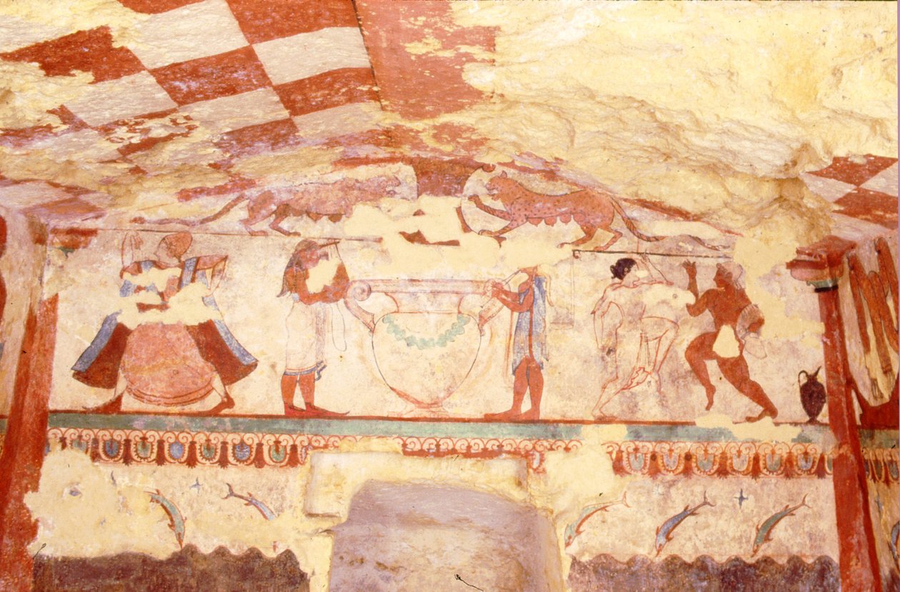 Muusikoita, tanssijoita ja delfiinejä esittävä seinä Nekropoliin kuuluvan Leijonattarien haudan seinämaalauksesta, n. 520 eaa. (seinämaalaus). tekijältä Etruscan