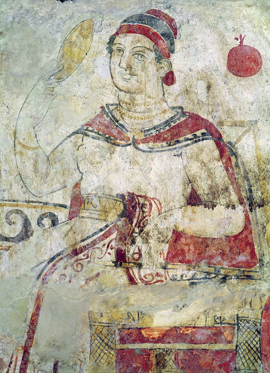 Nainen wc:ssä, yksityiskohta hautajaiskohtauksesta, Samnite-aika, 5.-4. vuosisadalla eKr. (seinämaalaus) tekijältä Etruscan