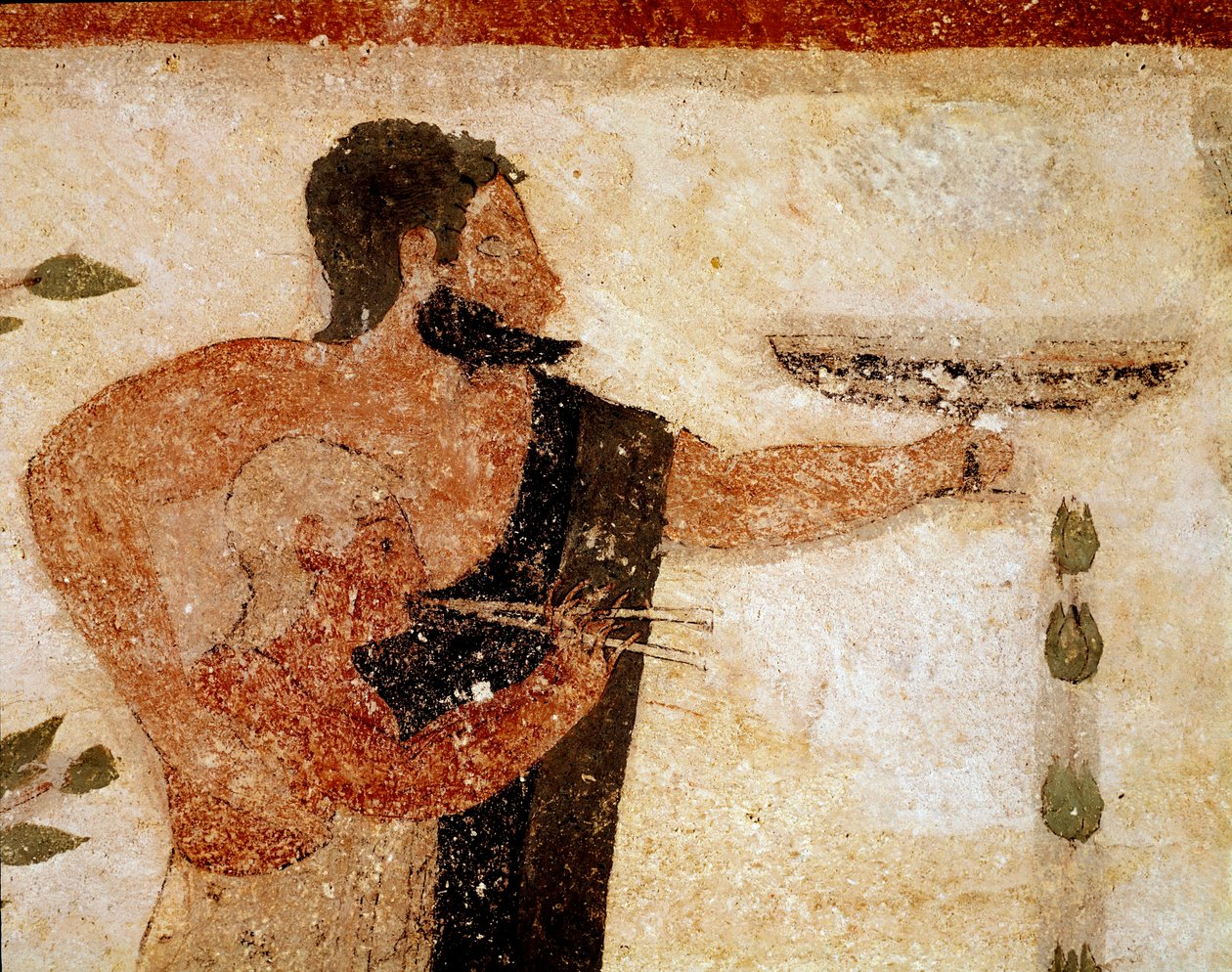 Parrakas mies esittelee kuppia, hänen lähellään muusikko (Freskon yksityiskohta, 530 eKr.) tekijältä Etruscan