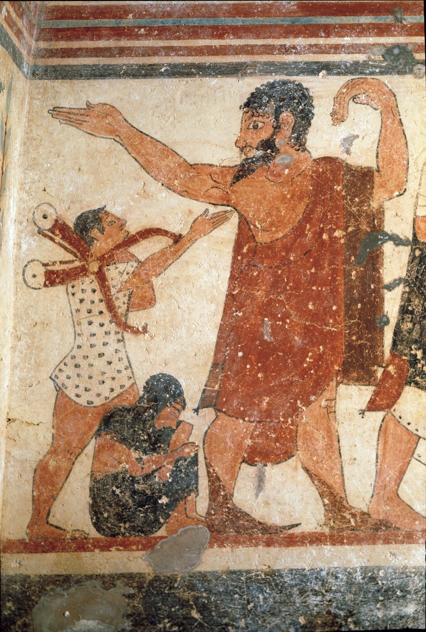 Hahmo voi olla ottelun erotuomari. (Freskon yksityiskohta, 530 eKr.) tekijältä Etruscan