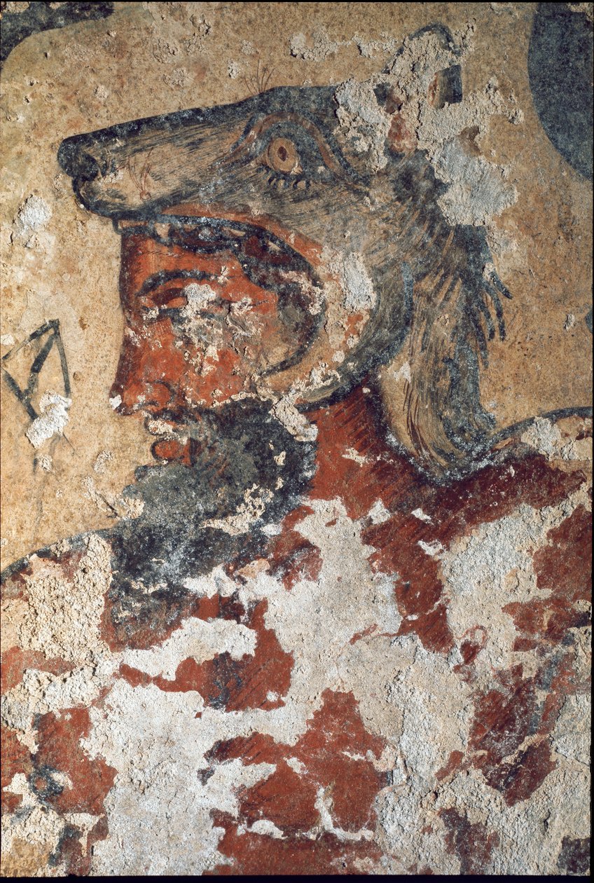 Aita (Eiza), jälkielämän etruskien jumala, yllään suden lakki (yksityiskohta freskosta, 4. eaa.) tekijältä Etruscan