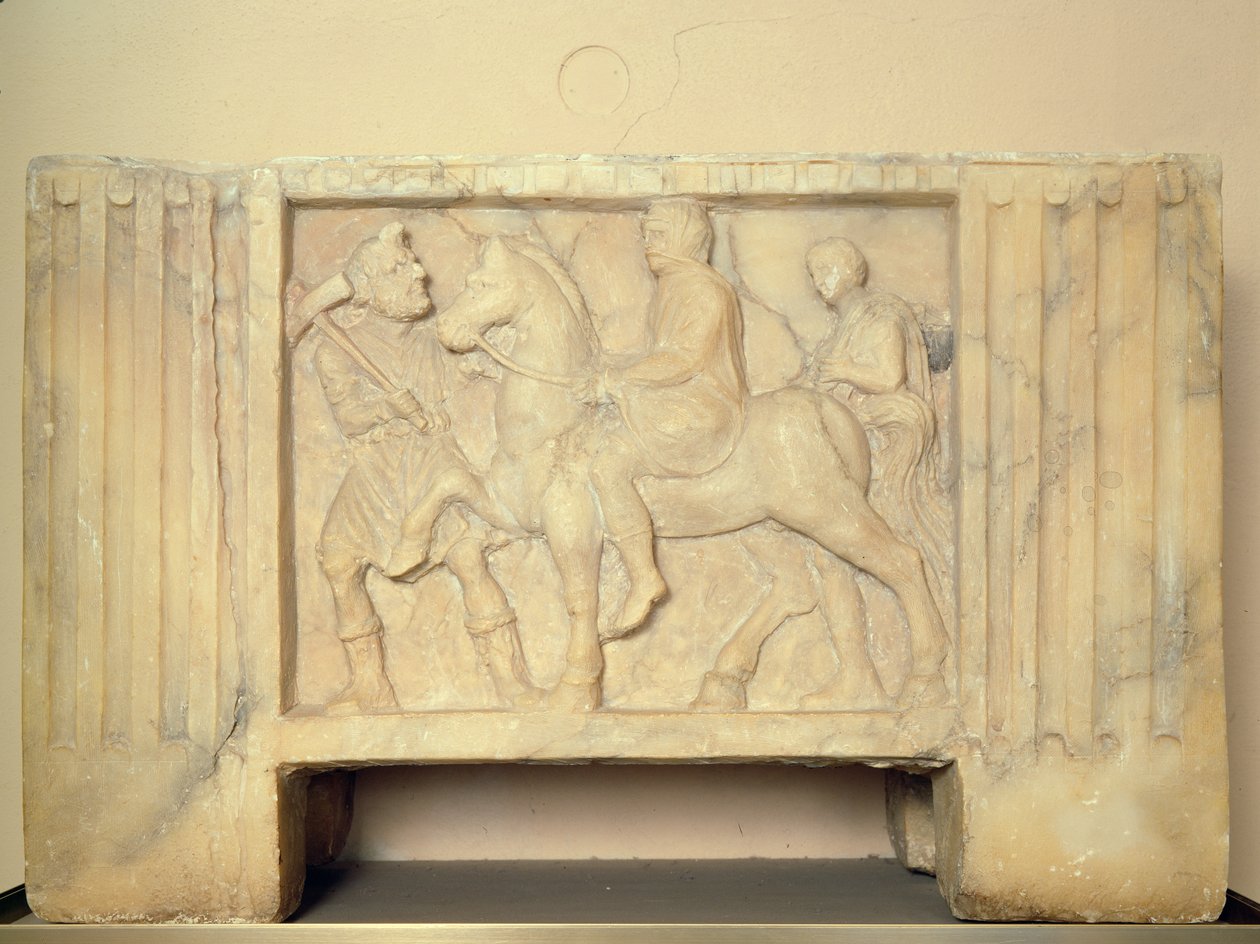 Alabasteri uurna, jossa vainaja ratsastaa Tuonelaan, 9.-1. vuosisata eaa. (alabasteri) tekijältä Etruscan
