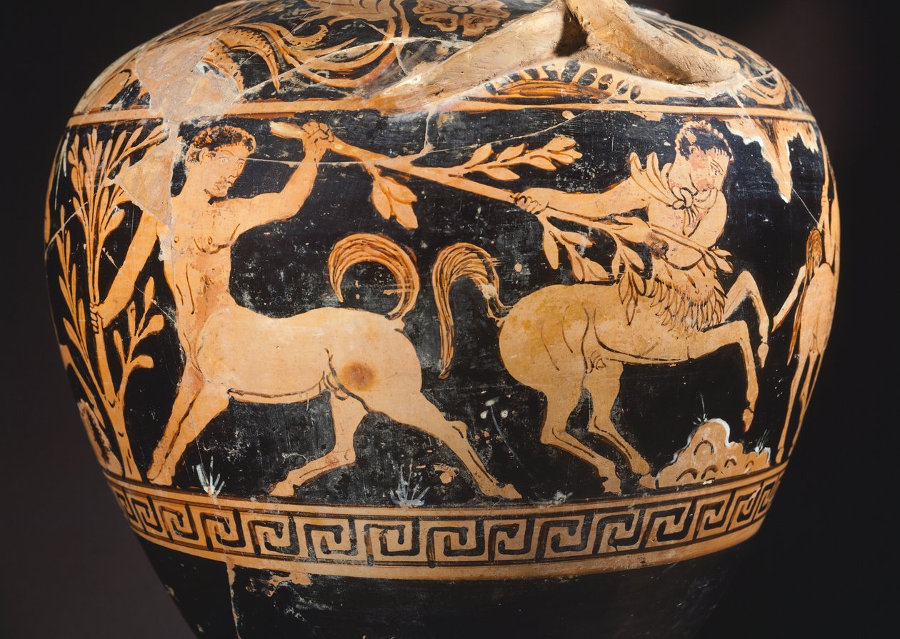 Centauromachyn maalarin amfora, yksityiskohta kentaurien välisestä taistelusta. Punahahmoista keramiikkaa Poranosta (Umbria). Etruskien sivilisaatio, 4. vuosisadalla eKr. tekijältä Etruscan