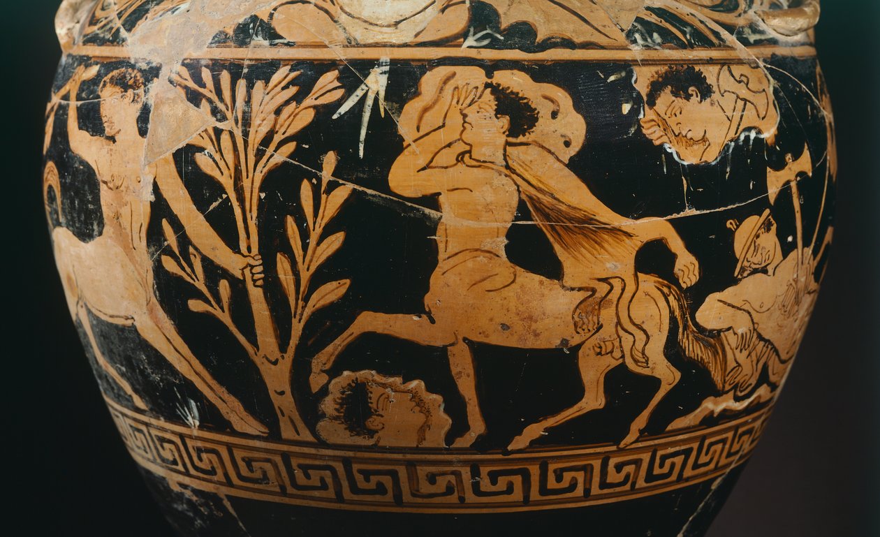 Centauromachyn maalarin amfora, yksityiskohta kentaurista. Punahahmoista keramiikkaa Poranosta (Umbria). Etruskien sivilisaatio, 4. vuosisadalla eKr. tekijältä Etruscan