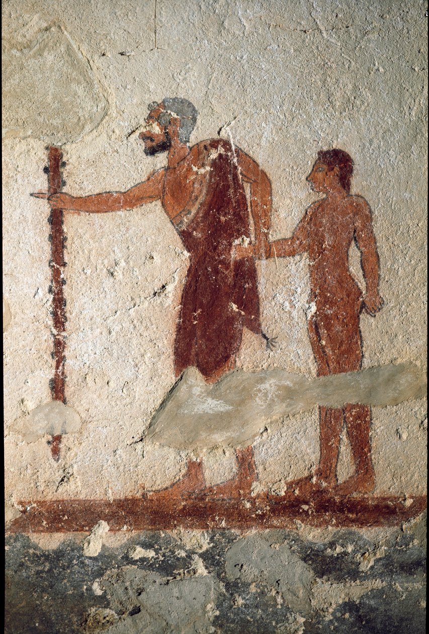 Vanha mies nuoren miehen seurassa (Fresko, yksityiskohta, 530 eKr.) tekijältä Etruscan