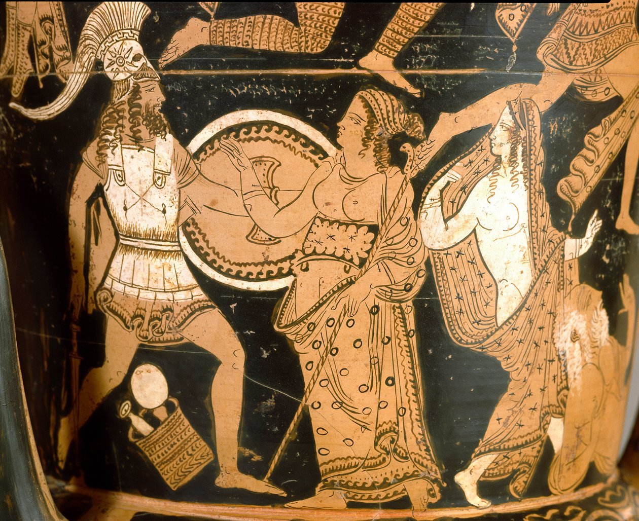 Antiikki etruski: kellossa oleva kraatteri, joka edustaa Troijan tuhoa: yksityiskohta Menelasta kohti Aphroditea, Helene on edustettuna oikealla. Falerii Veteres (Civita Castellana). 350-300 eaa. Rooma, Museo Nazionale di Villa Giulia tekijältä Etruscan
