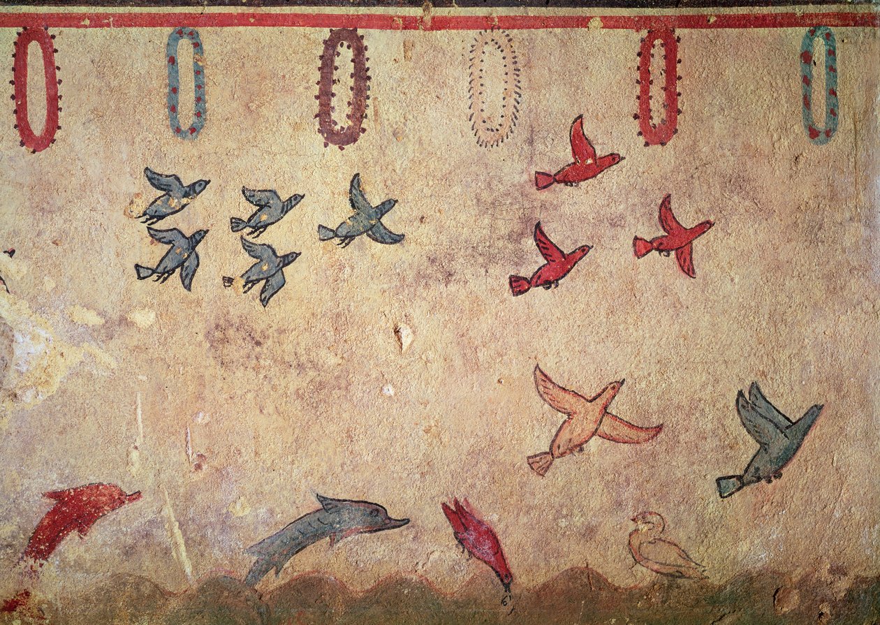 Vesilinnut ja hyppivät delfiinit, metsästyksen ja kalastuksen haudasta, n. 520-10 eKr. (seinämaalaus) tekijältä Etruscan