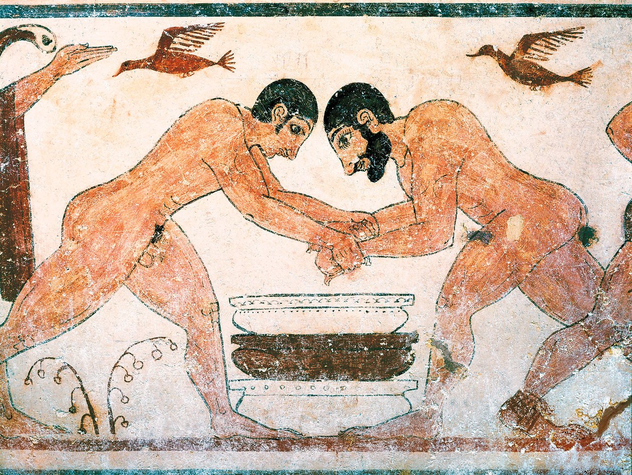 Etruskien taide: Urheilijat, jotka on kuvattu augurien haudassa Monterozzi Tarquinian hautausmaassa lähellä Viterboa Italiassa. Fresko 6. vuosisadalta eKr. tekijältä Etruscan