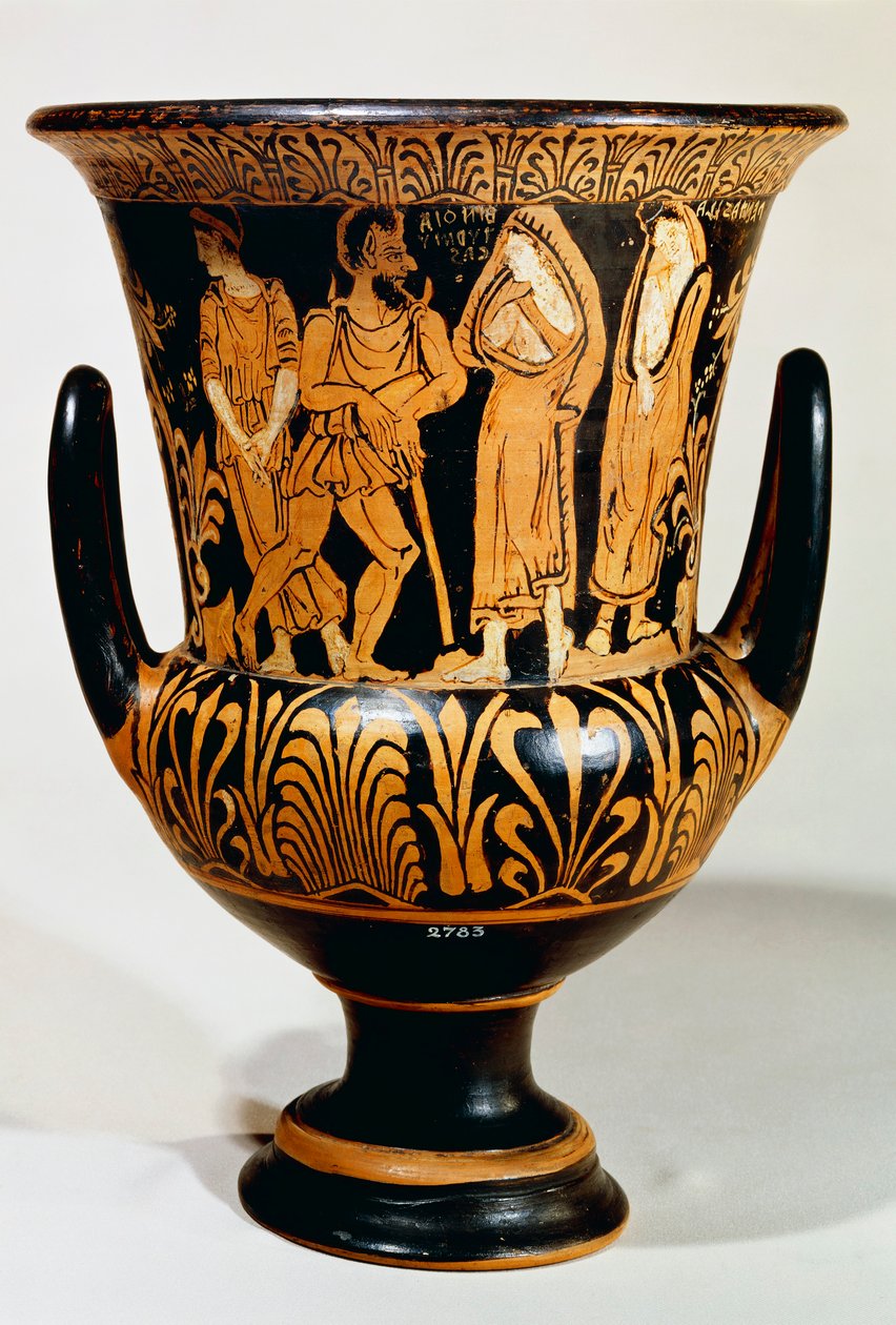 Turmuca Painterin verhiökrater (iso maljakko), joka kuvaa kohtausta alamaailmasta Charonin ja tyttöjen kanssa. Punahahmoista keramiikkaa Vulcista (Lazio). Etruskien sivilisaatio, 330-300 eaa. tekijältä Etruscan