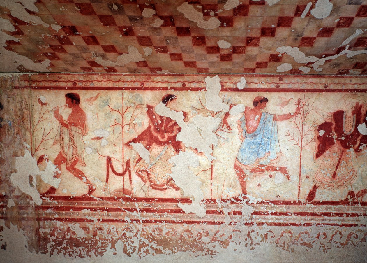 Tanssijat ja muusikot juhlan aikana. Freskot Tomba del tricliniumista, 5. vuosisadalta eKr tekijältä Etruscan