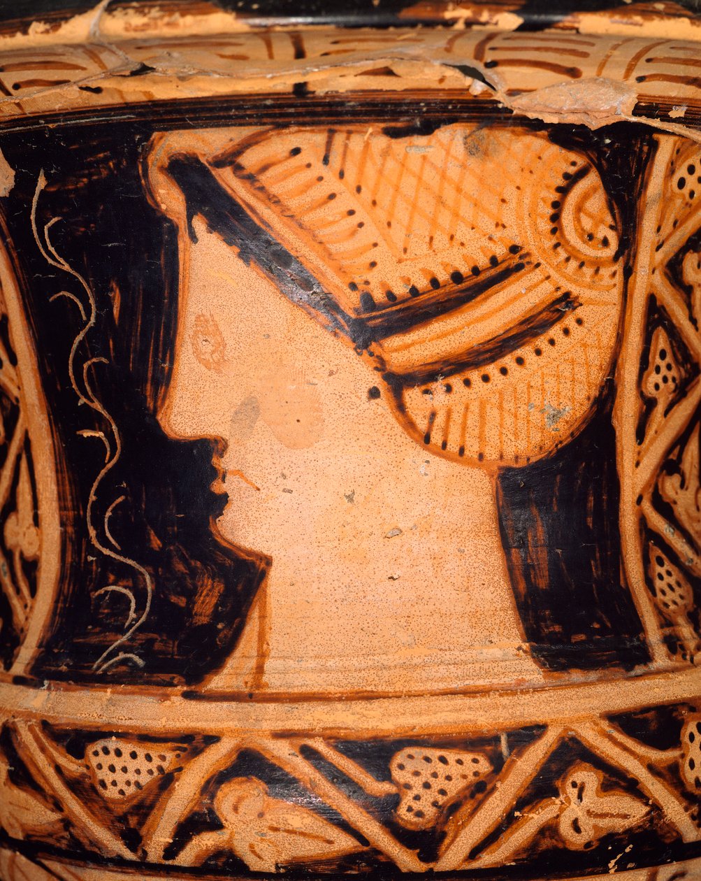 Yksityiskohta maljan muotoisesta kraterista Spinasta (Emilia Romagna). Etruskien sivilisaatio, 4. vuosisadalla eKr. tekijältä Etruscan