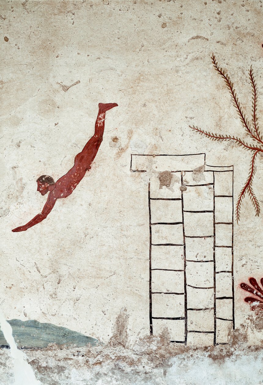 Etruskien taide: Nuori uimari sukeltamassa. Fresko "sukeltajan" haudasta. Yksityiskohta. Paestumin eteläiseltä hautausmaalta. 480-470 eaa. Museo Archeologico Nazionale, Paestum tekijältä Etruscan