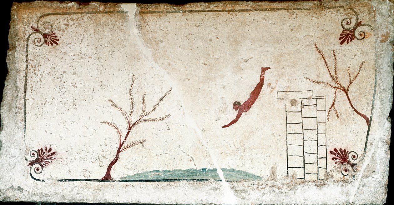 Etruskien taide: Nuori uimari sukeltamassa. Fresko "sukeltajan" haudasta. Paestumin eteläiseltä hautausmaalta. 480-470 eaa. Museo Archeologico Nazionale, Paestum tekijältä Etruscan