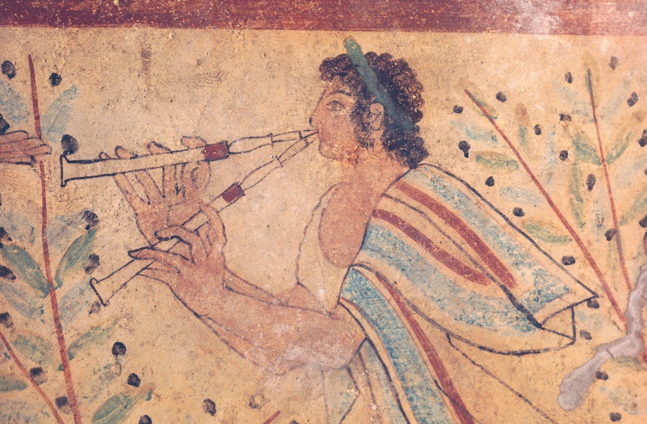 Etruskien taide: huilunsoittaja. Yksityiskohta freskosta Leopardien haudalla Monterozzin hautausmaassa, Italiassa, 5. vuosisadalla eKr. (fresko) tekijältä Etruscan