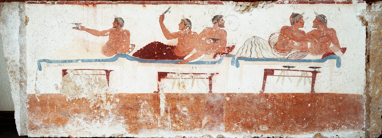 Etruskien taide: bankettikohtaus. Fresko "sukeltajan" haudasta. Paestumin eteläiseltä hautausmaalta. 480-470 eaa. Museo Archeologico Nazionale, Paestum tekijältä Etruscan