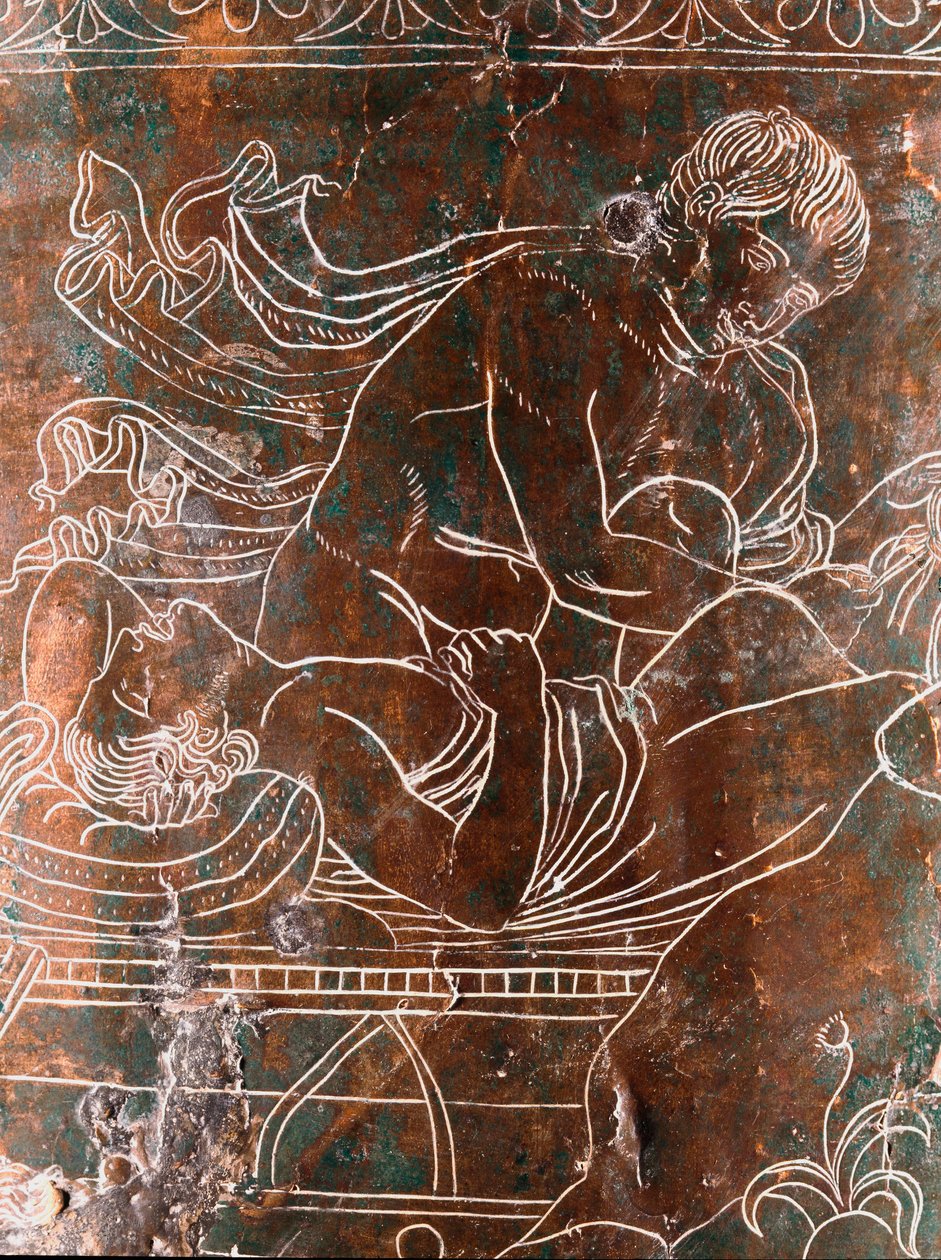 Etruskien taide: yksityiskohta pronssisesta Ficoroni Cistussta, joka edustaa legendaa argonauteista: Argosin laivasta. Preneste (Palestrina). 340 eaa. Museo Nazionale di Villa Giulia, Rooma tekijältä Etruscan