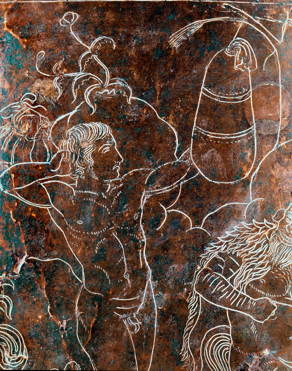Etruskien taide: yksityiskohta pronssisesta Ficoroni Cistussta, joka edustaa legendaa argonauteista: argonautti, joka harjoittelee pugilatea. Preneste (Palestrina). 340 eaa. Villa Giulian kansallismuseo, Rooma tekijältä Etruscan