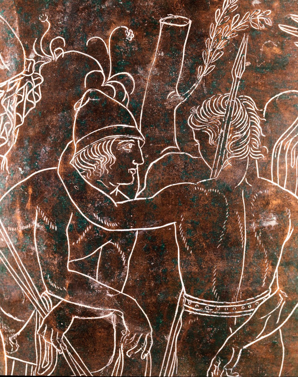 Etruskien taide: yksityiskohta pronssisesta Ficoroni Cistussta, joka edustaa legendaa argonauteista. Preneste (Palestrina). 340 eaa. Villa Giulian kansallismuseo, Rooma tekijältä Etruscan