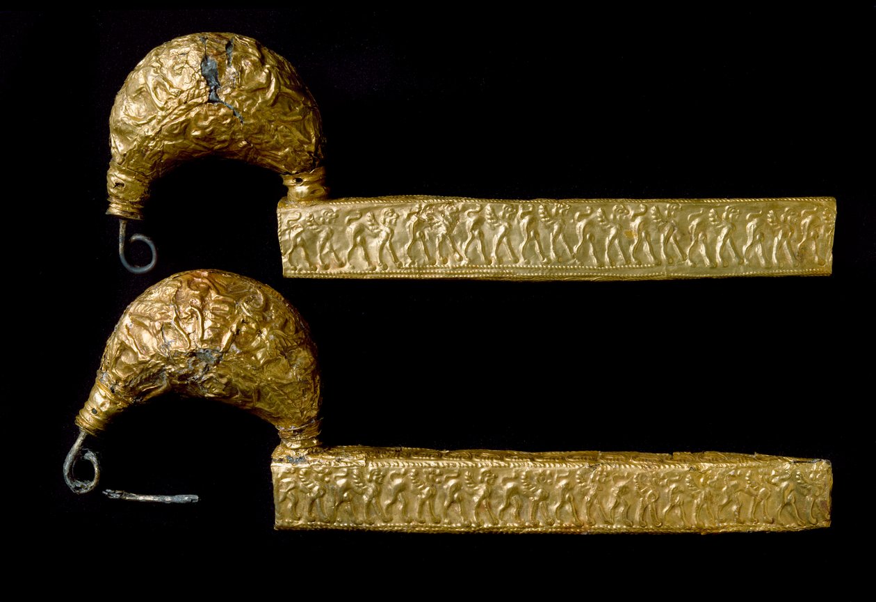 Etruskien taidetta: fibuleita (neuloja) kullassa. 630 eaa. Licteurin (Littore) haudasta Vetulonia (tai Vetulonium). Himmeä. 21 cm Firenze, Museo Archeologico tekijältä Etruscan