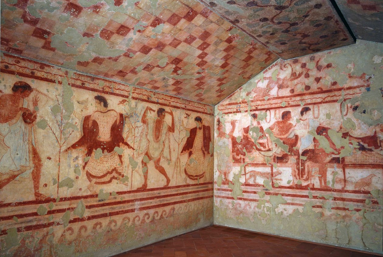 Etruskien taide: freskot, jotka kuvaavat juhlakohtauksia. Trikliniumin hauta. 5. vuosisadalla eaa. Italian Tarquinian kansallinen arkeologinen museo tekijältä Etruscan