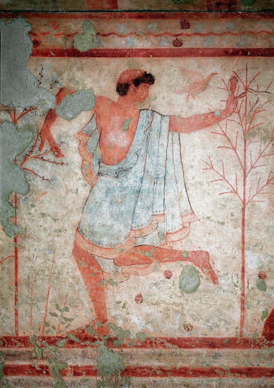 Etruskien taide: freskot, jotka esittävät juhlakohtauksia, yksityiskohta tanssijaa. Trikliniumin hauta. 5. vuosisadalla eaa. Italian Tarquinian kansallinen arkeologinen museo tekijältä Etruscan